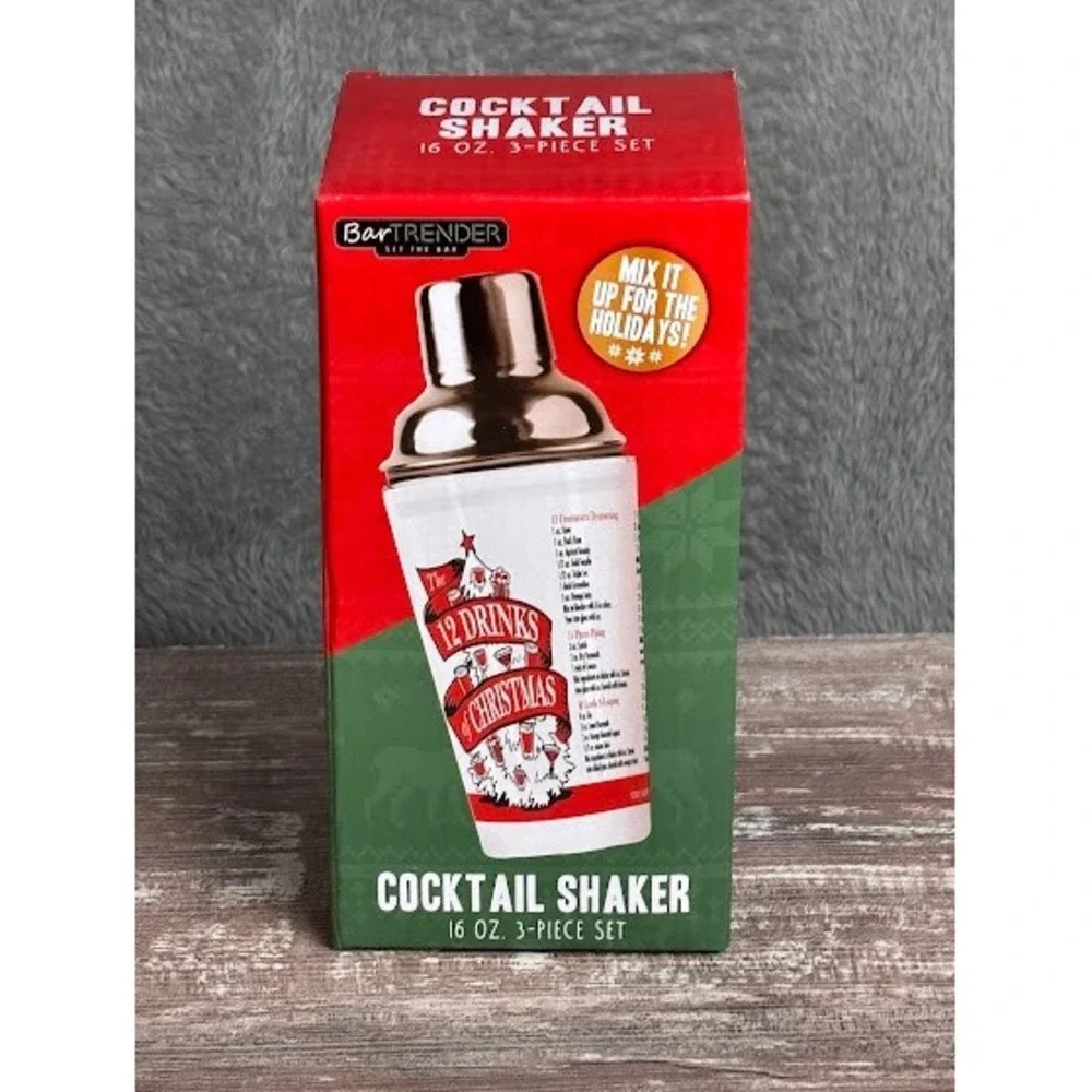 BarTrender Cocktail Shaker 16 Oz 3 Piece Set Holiday Christmas Drinks Recipe Box